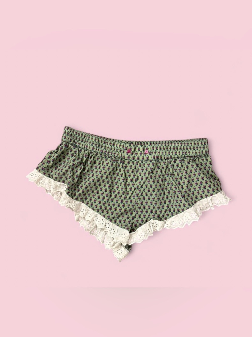 By Anthropologie Green Floral Micro Print Sleep Shorts with Lace Trim Sz S